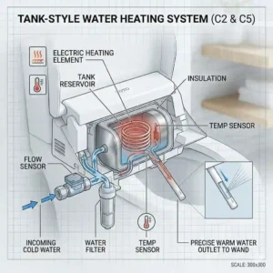 Cutaway diagram explaining the built-in tank water heating system of toto c2 vs c5.