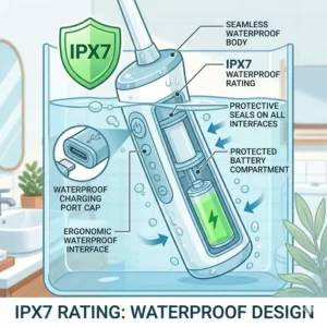 A detailed illustration highlighting the IPX7 waterproof rating and ergonomic nozzle design of a portable electric bidet.
