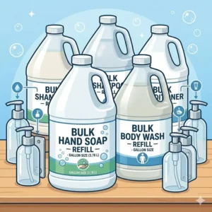Gallon-sized refill jugs of liquid hand soap and body wash representing our versatile bulk toiletries for dispensers.