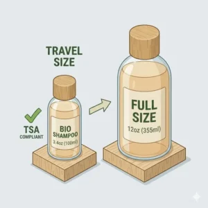 A clear visual comparison between standard bottles and 3.4oz bulk travel size toiletries.
