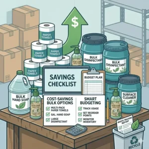 A conceptual illustration showing cost savings and a checklist for purchasing business bulk hygiene products.