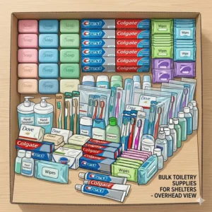 An overhead view of diverse personal care supplies purchased as bulk hygiene items for shelters.