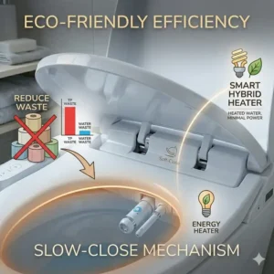 Infographic showing the environmental benefits and water savings of using a bidet toilet seat with heated water.