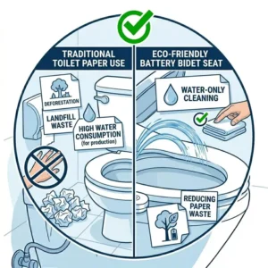 Graphic showing environmental benefits of using a battery bidet toilet seat to save paper.