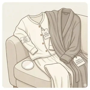 An illustration of comfortable fourth trimester loungewear new mom necessities, featuring a modal button-down pajama set and a soft robe draped over an armchair, optimized for easy nursing access.