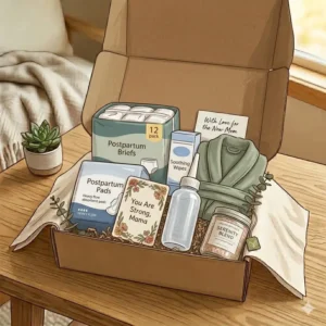 A practical and helpful postpartum gift box filled with recovery pads, soothing wipes, and postpartum briefs.