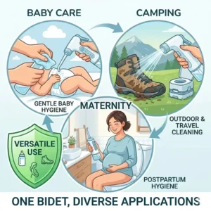 A multi-panel illustration showing a portable electric bidet being used for camping, postpartum care, and baby hygiene.