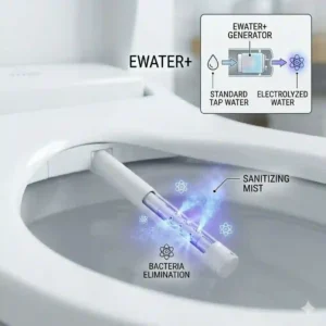 Explanatory graphic of the electrolyzed ewater sanitizing function on toto c2 vs c5.