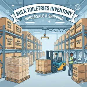 Organized boxes of bulk toiletries in a warehouse inventory ready for wholesale distribution and shipping.