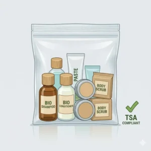 TSA approved bulk travel size toiletries packed inside a clear quart-sized bag for airport security.