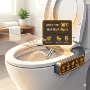 A diagram showing the adjustable heat and water pressure settings of a heated bidet attachment for toilet.