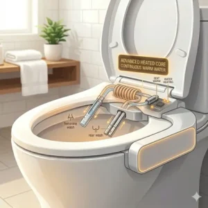 Illustration highlighting the hygienic dual-nozzle system of a premium heated bidet attachment for toilet.