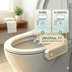 A size and shape compatibility chart for a universal heated bidet attachment for toilet on various seat types.