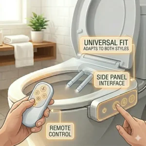Comparison between the remote control and side panel interface of a heated bidet attachment for toilet.