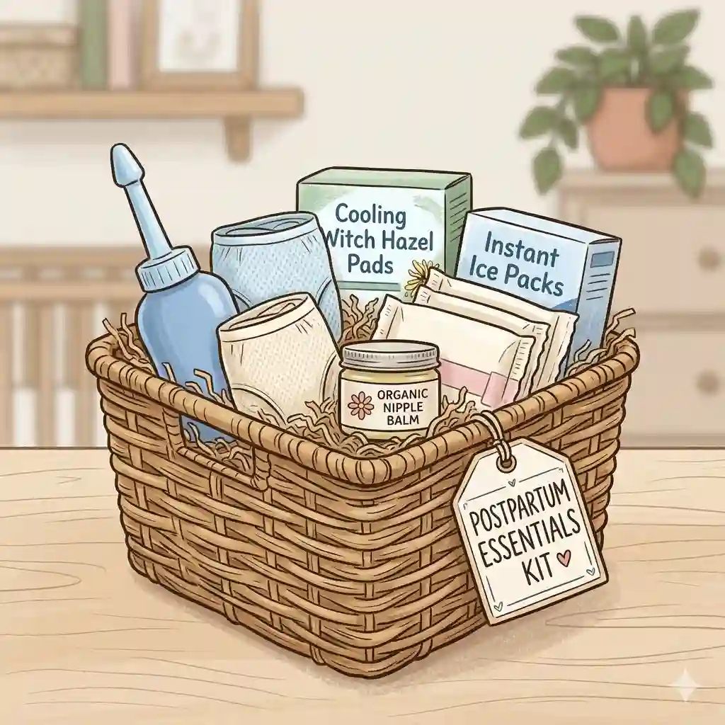 A complete postpartum essentials kit curated in a woven basket containing peri bottles, mesh underwear, cooling pads, and nipple balm for new mom recovery.