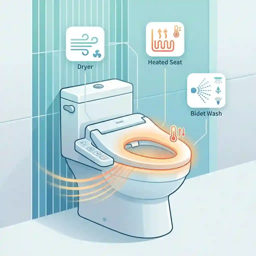 Modern bathroom setup showcasing a luxury bidet toilet with dryer and heated seat.