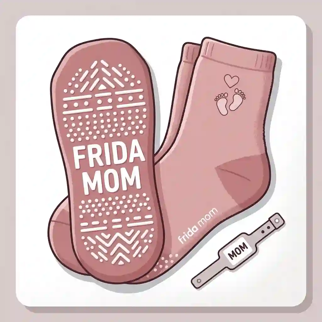 A pair of pink frida mom grippy socks worn by a mother resting in a hospital bed, showcasing the non-slip bottom tread.