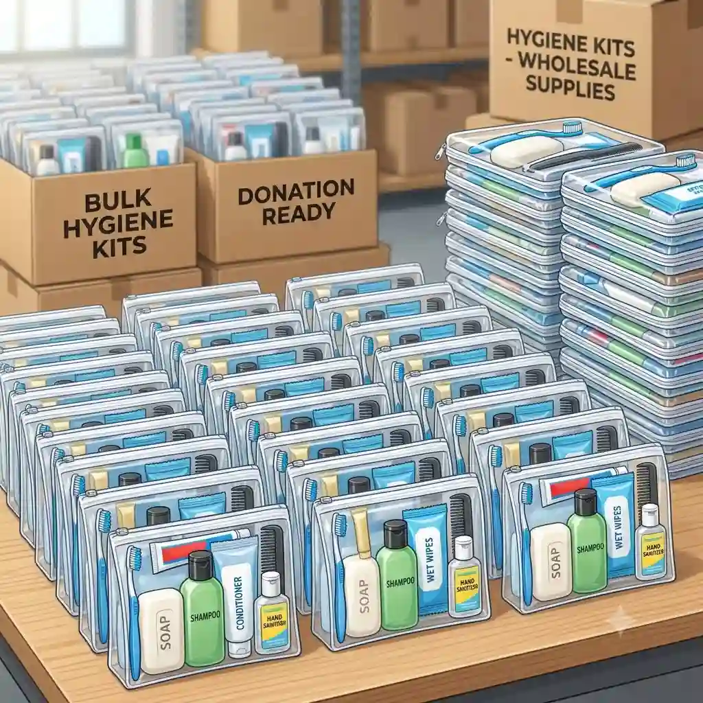 1: A large assortment of hygiene kits in bulk, featuring transparent zippered pouches filled with travel-sized shampoo, soap, toothbrushes, and toothpaste.