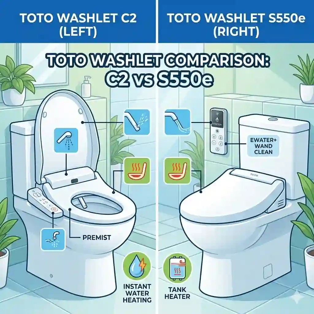 A side-by-side toto washlet comparison showing two premium smart bidet toilet seats installed in a modern bathroom.