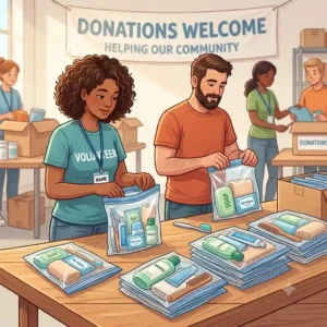 Volunteers in an assembly line packing essential items into toiletry kits for homeless outreach programs.