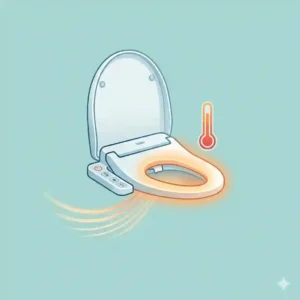 Graphic diagram highlighting the temperature settings of a bidet toilet with dryer and heated seat.