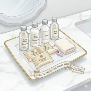A close-up illustration of miniature hotel amenities packaged as wholesale toiletries.