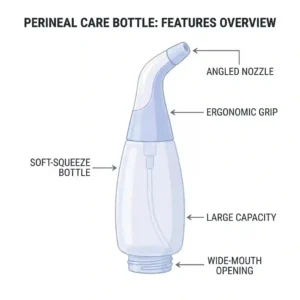 A detailed diagram showing the main parts and features of a perineal care bottle for postpartum recovery.