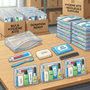 An overhead illustration showing the individual essential items included in hygiene kits bulk orders, such as deodorant, combs, and wet wipes.
