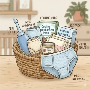 An illustration of perineal healing products from a postpartum essentials kit featuring an upside-down peri bottle, cooling witch hazel pads, and healing foam.