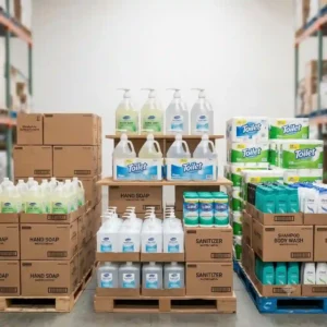 Rows of commercial hand soap and sanitizers from a distributor of wholesale hygiene products.