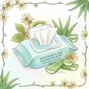 Natural postpartum wipes infused with soothing witch hazel and cooling aloe vera for perineal relief.