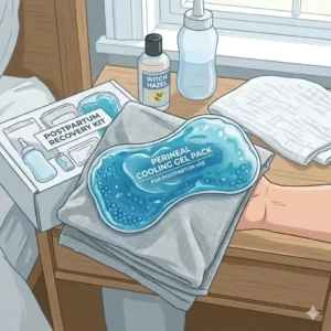 A curated postpartum care basket containing perineal ice packs for after birth recovery, hazel witch wipes, and a peri bottle.