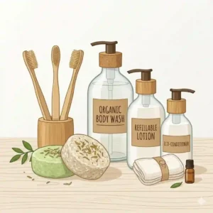 Various bottles of shampoo, conditioner, and soap displayed as bulk personal care wholesale toiletries.
