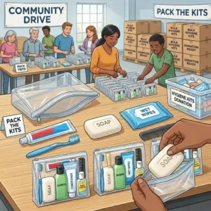 An illustration of volunteers happily packing and distributing hygiene kits bulk packages at a community charity drive or homeless shelter.