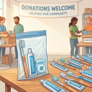 A close-up view of essential items toiletry kits homeless individuals need, including soap, shampoo, and a washcloth, spread on a table.