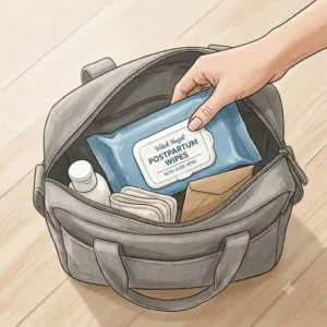 Packing essential recovery items including a travel pack of postpartum wipes into a maternity hospital bag.