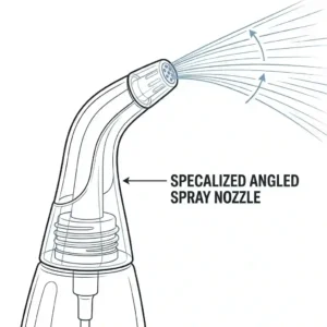 A close-up view focusing on the specially designed angled nozzle of the perineal care bottle.