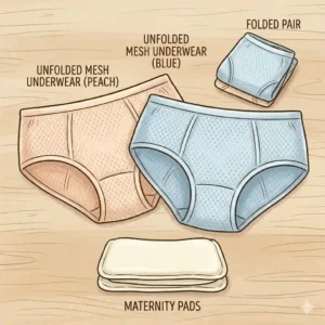 Flat lay illustration of high-waist disposable mesh underwear and thick maternity pads included in a postpartum essentials kit.