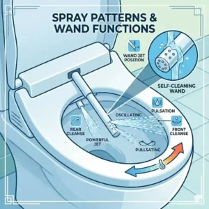 Technical illustration of water spray patterns and wand features for a detailed toto washlet comparison.