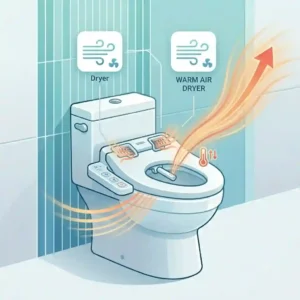 Illustration showing the gentle airflow from a smart bidet toilet with dryer and heated seat.