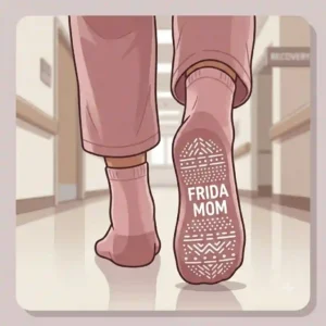 An illustration of a new mother walking safely down a hospital hallway wearing comfortable frida mom grippy socks after labor.
