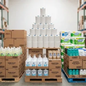 Pallets of paper towels and disinfecting wipes available through wholesale hygiene products suppliers.