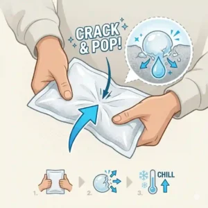 An illustrative diagram showing hands flexing an instant perineal cold pack to break the inner water bubble and activate the cooling gel.