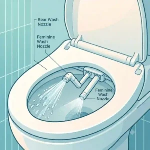 Close-up view of the adjustable spray nozzles inside a bidet toilet with dryer and heated seat.