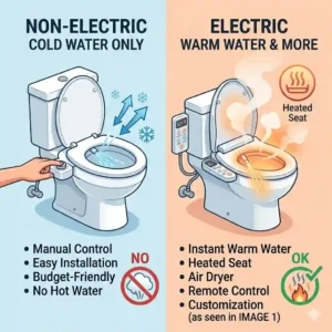 Side-by-side infographic comparing a manual setup to an advanced toilet with warm water bidet.