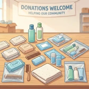 An illustration of basic dental care toiletry kits for homeless people with a toothbrush, toothpaste, and floss.