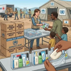 A conceptual illustration of emergency relief supplies, featuring boxes of hygiene kits bulk orders ready for deployment to disaster areas.