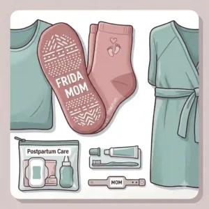 Flat lay illustration of birth hospital bag essentials, including a gown, toiletries, and frida mom grippy socks.