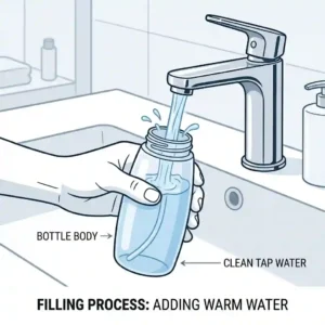 A step-by-step guide showing a person filling the perineal care bottle with warm water at the sink.