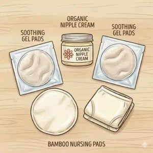 Graphic illustration of organic nipple cream, soothing gel pads, and bamboo nursing pads for breastfeeding care in a postpartum essentials kit.